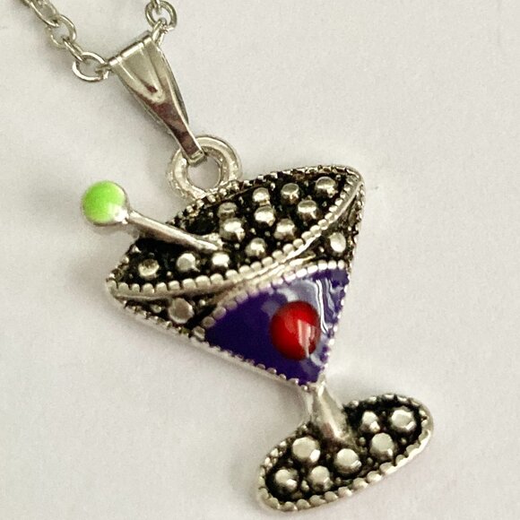 Martini Cocktail Drink Cup Glass Charm Necklace Pendant Purple Enamel 18" Chain - Picture 2 of 9